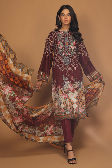 Unstitched 3 Pcs Emb Lawn Printed Shirt, Printed Dupatta, Dyed Trouser - Diners
