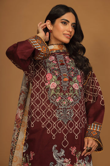 Unstitched 3 Pcs Emb Lawn Printed Shirt, Printed Dupatta, Dyed Trouser - Diners