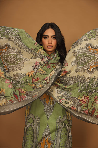 Unstitched 3 Pcs Emb Lawn Printed Shirt, Printed Dupatta, Dyed Trouser - Diners