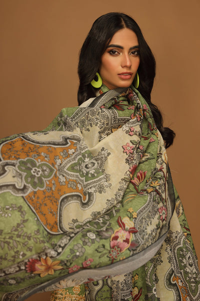 Unstitched 3 Pcs Emb Lawn Printed Shirt, Printed Dupatta, Dyed Trouser - Diners