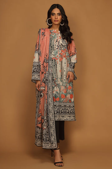 Unstitched 3 Pcs Emb Lawn Printed Shirt, Printed Dupatta, Dyed Trouser - Diners