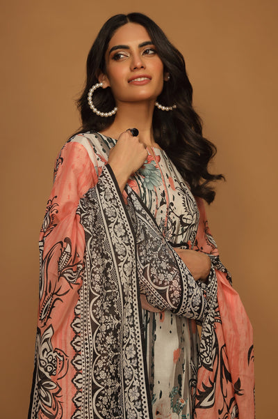 Unstitched 3 Pcs Emb Lawn Printed Shirt, Printed Dupatta, Dyed Trouser - Diners