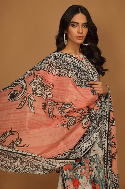 Unstitched 3 Pcs Emb Lawn Printed Shirt, Printed Dupatta, Dyed Trouser - Diners