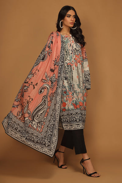 Unstitched 3 Pcs Emb Lawn Printed Shirt, Printed Dupatta, Dyed Trouser - Diners