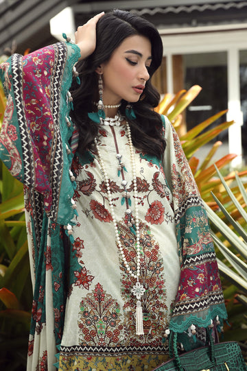 Unstitched 3 Pcs Emb Lawn Printed Shirt, Printed Dupatta, Dyed Trouser - Diners