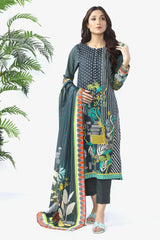 Unstitched 3 Piece Printed Shirt, Printed Dupatta, Dyed Trouser - Diners