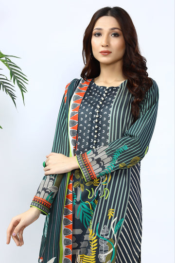 Unstitched 3 Piece Printed Shirt, Printed Dupatta, Dyed Trouser - Diners