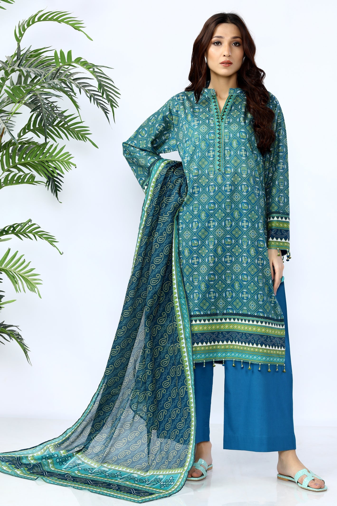 Unstitched 3 Piece Digital Printed Shirt, Printed Dupatta, Dyed Trouser - Diners