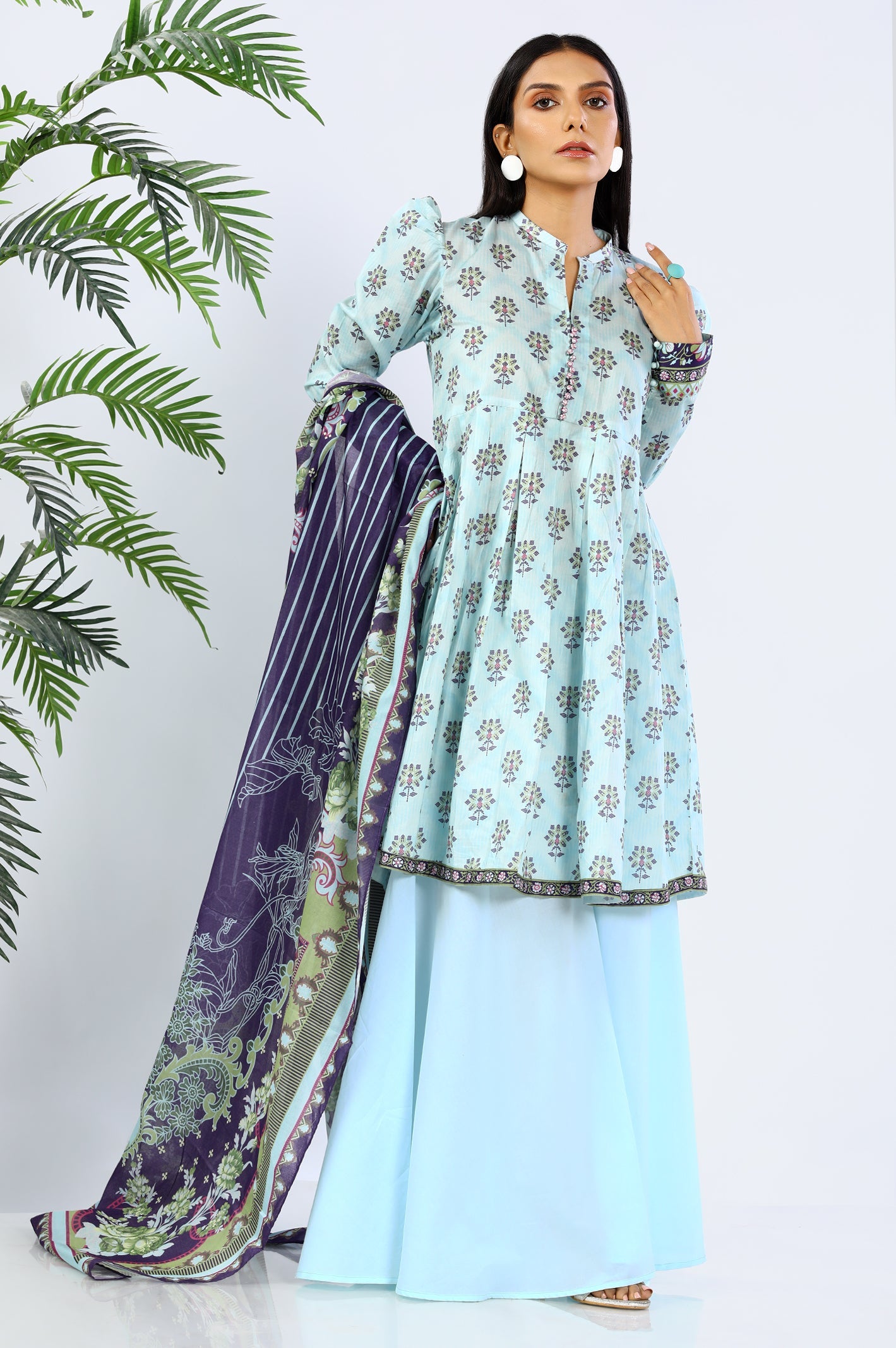 Unstitched 3 Piece Printed Shirt, Printed Dupatta, Dyed Trouser - Diners