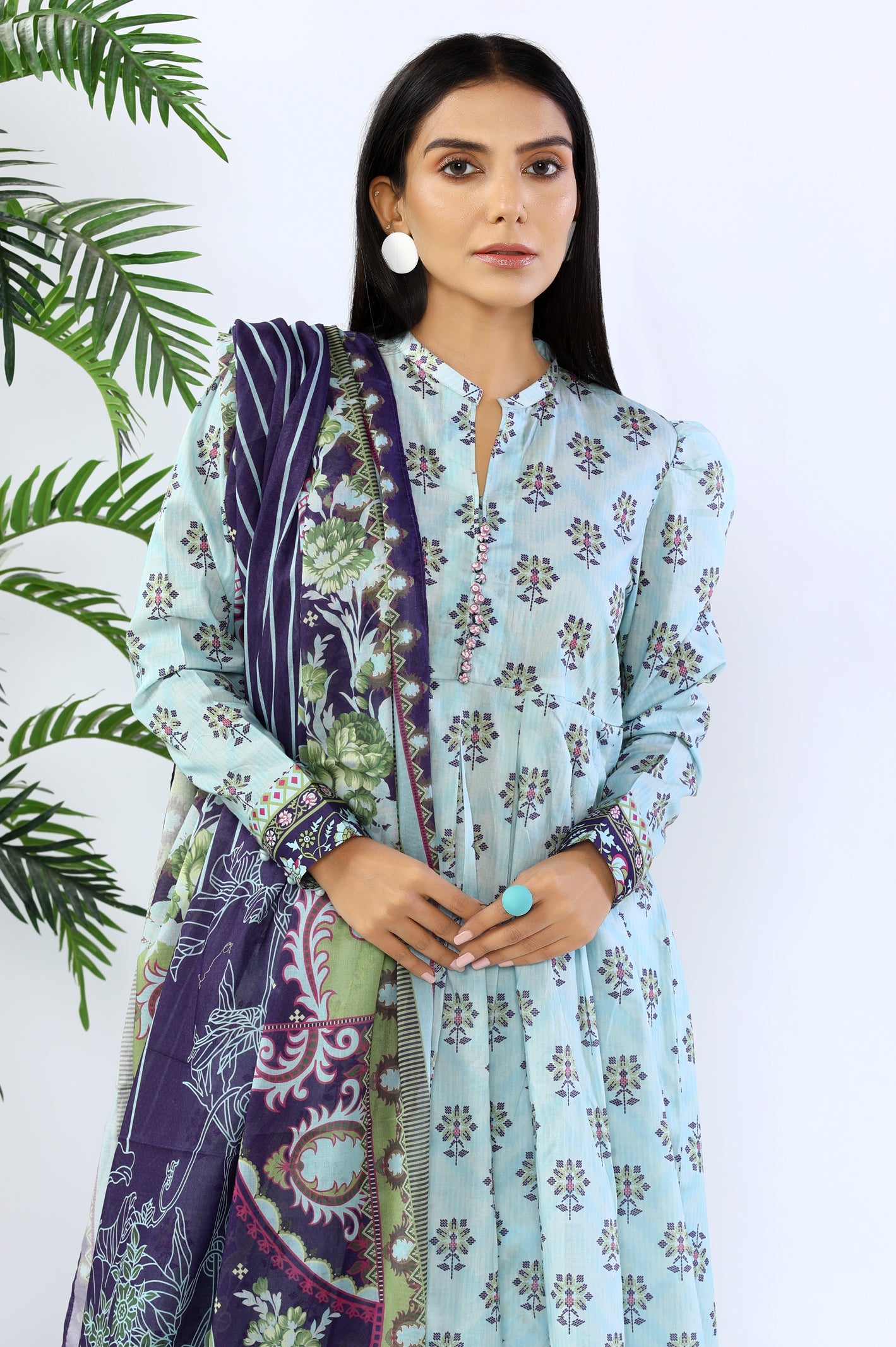 Unstitched 3 Piece Printed Shirt, Printed Dupatta, Dyed Trouser - Diners