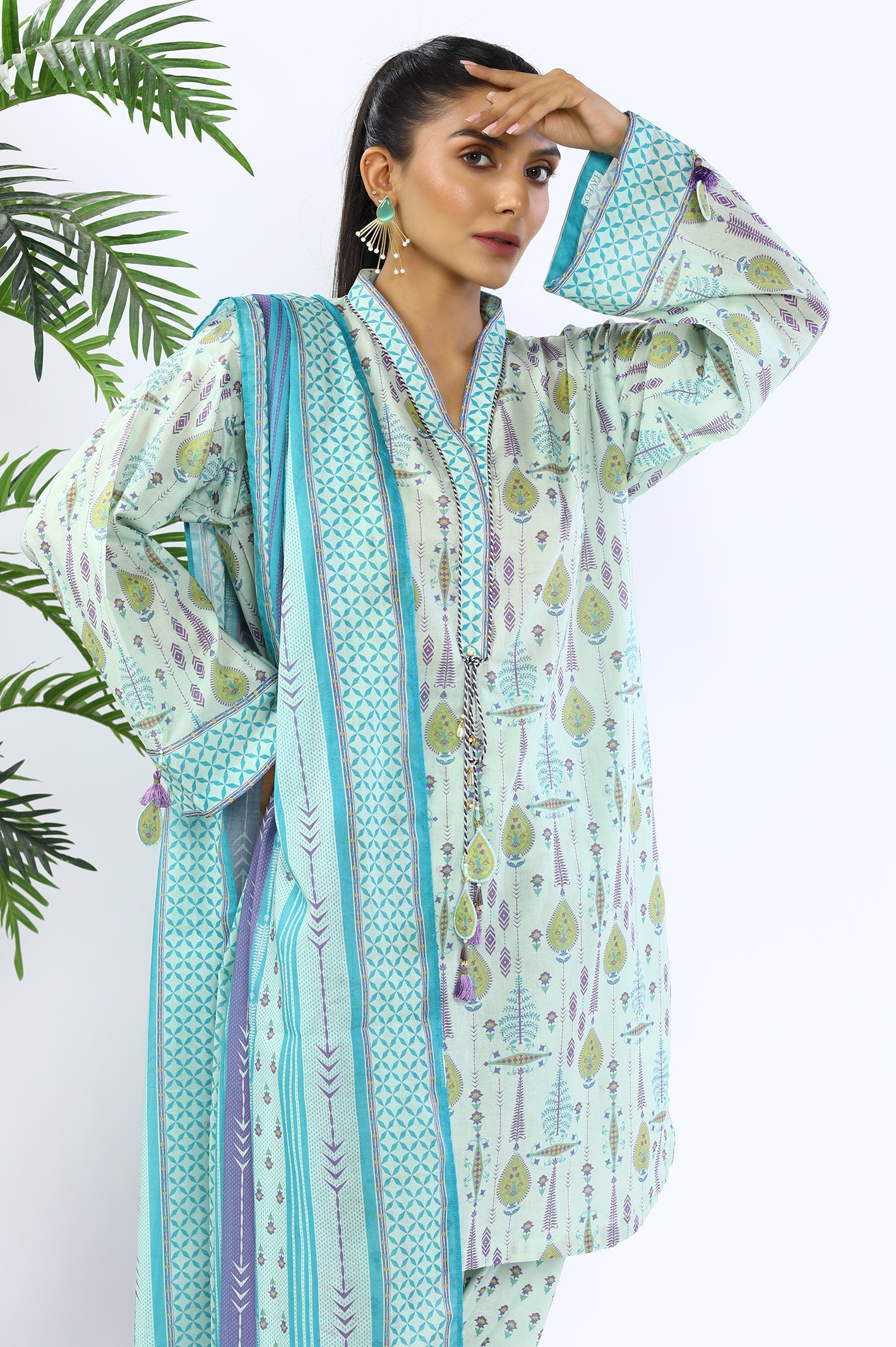 Unstitched 3 Piece Printed Shirt, Printed Dupatta, Printed Trouser - Diners