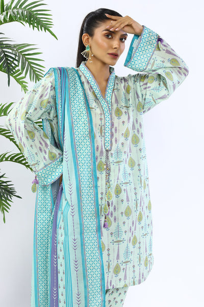 Unstitched 3 Piece Printed Shirt, Printed Dupatta, Printed Trouser - Diners