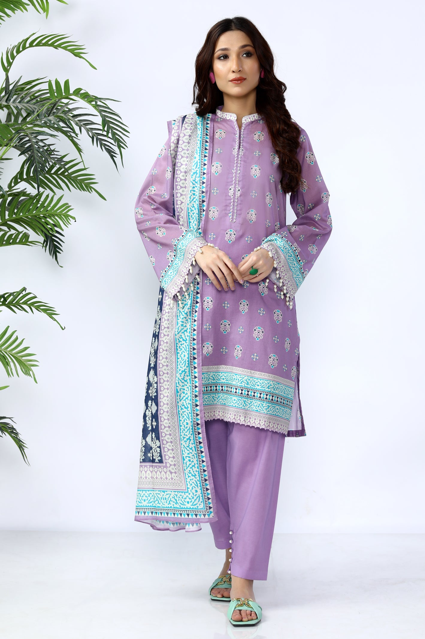 Unstitched 3 Piece Printed Shirt, Printed Dupatta, Dyed Trouser - Diners