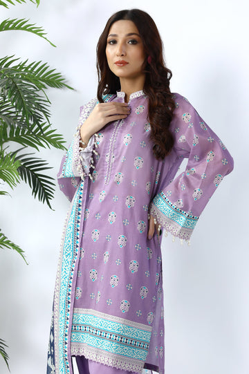 Unstitched 3 Piece Printed Shirt, Printed Dupatta, Dyed Trouser - Diners