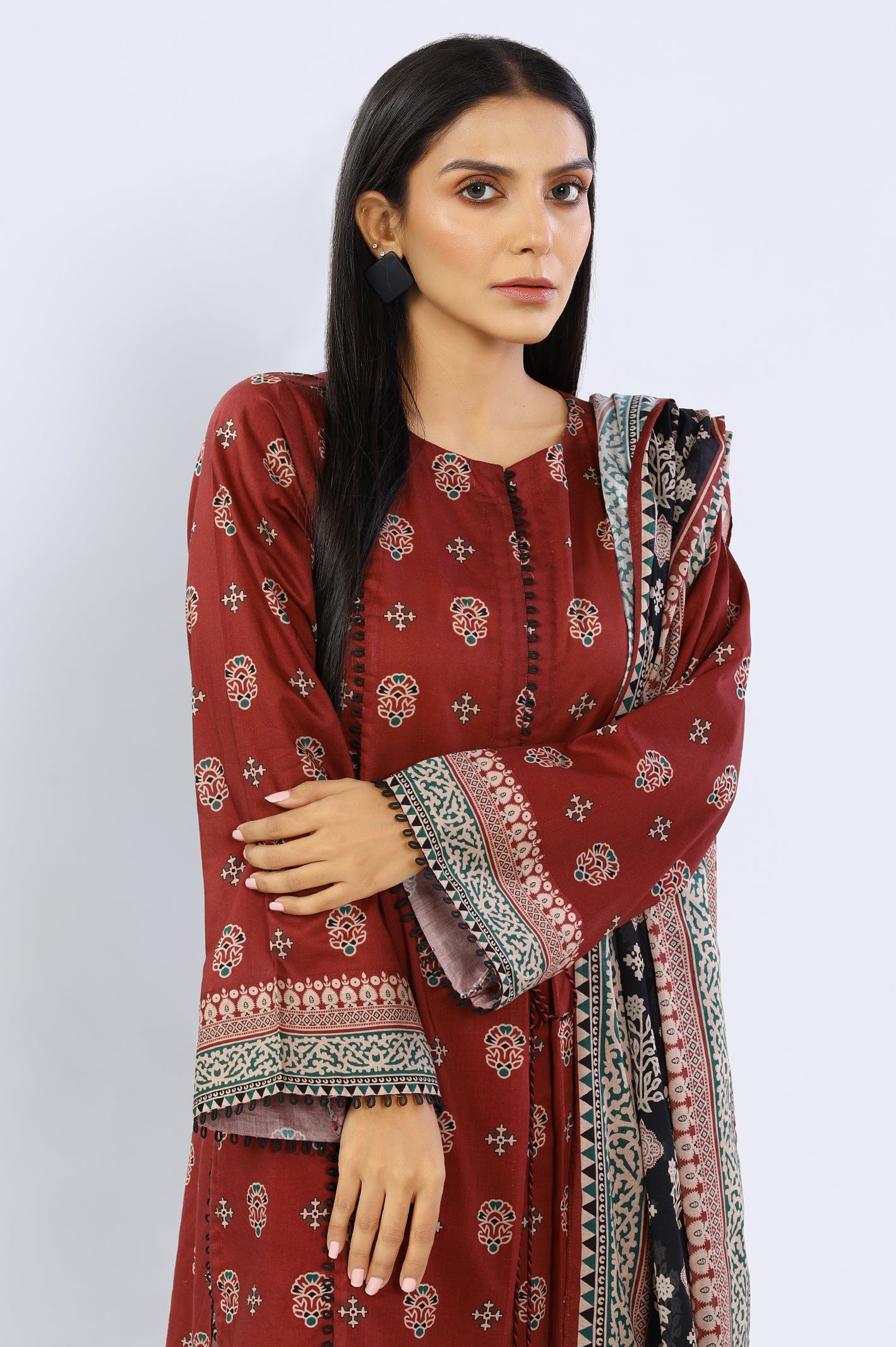 Unstitched 3 Piece Printed Shirt, Printed Dupatta, Dyed Trouser - Diners