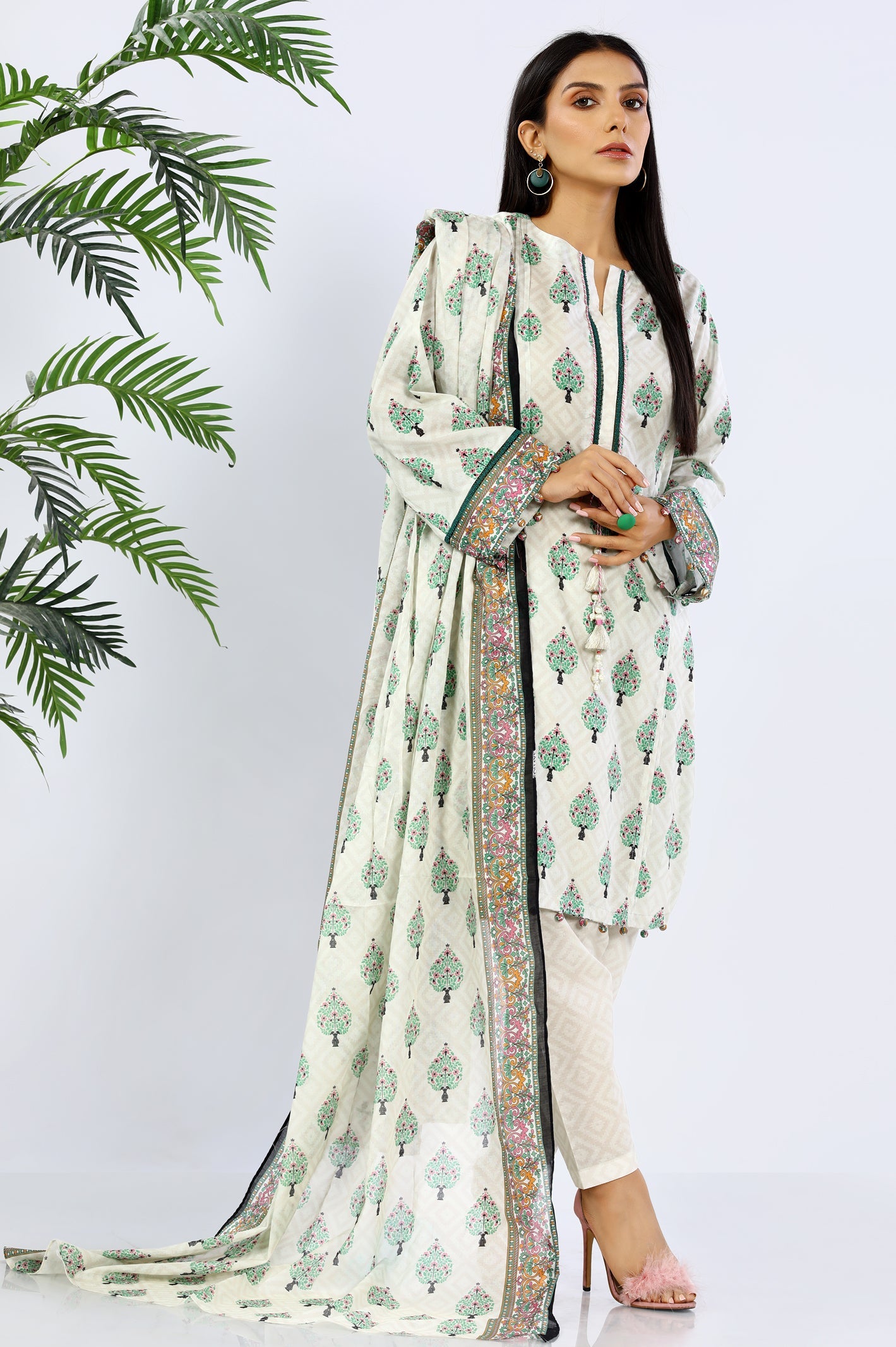 Unstitched 3 Piece Printed Shirt, Printed Dupatta, Dyed Trouser - Diners