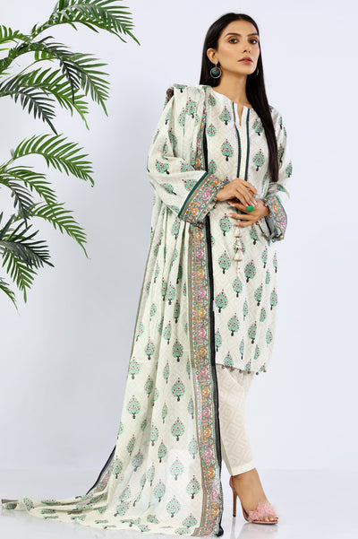Unstitched 3 Piece Printed Shirt, Printed Dupatta, Dyed Trouser - Diners