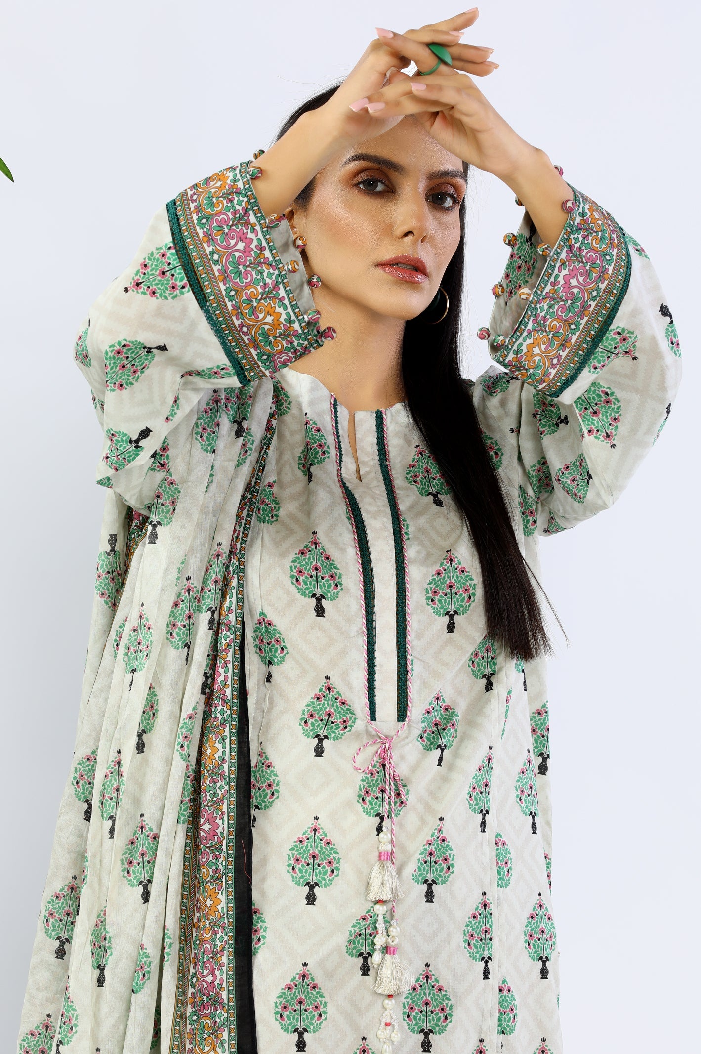 Unstitched 3 Piece Printed Shirt, Printed Dupatta, Dyed Trouser - Diners