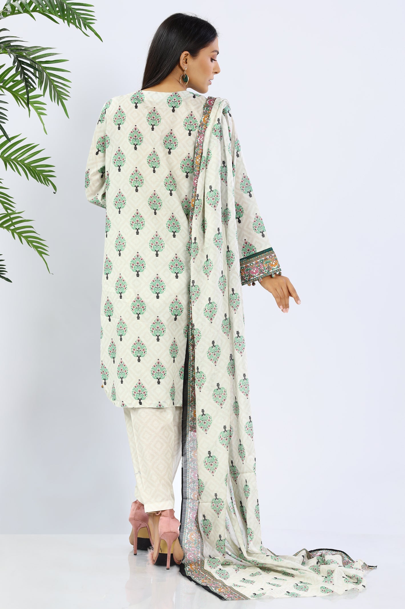 Unstitched 3 Piece Printed Shirt, Printed Dupatta, Dyed Trouser - Diners