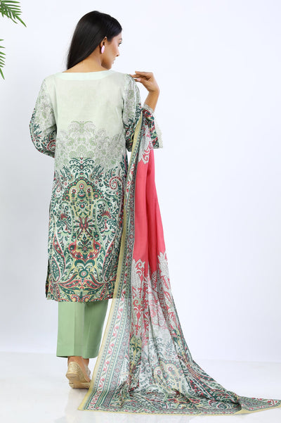Unstitched 3 Piece Printed Shirt, Printed Dupatta, Dyed Trouser - Diners