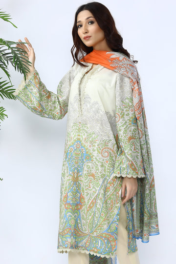 Unstitched 3 Piece Lawn Printed Shirt, Printed Dupatta, Dyed Trouser - Diners