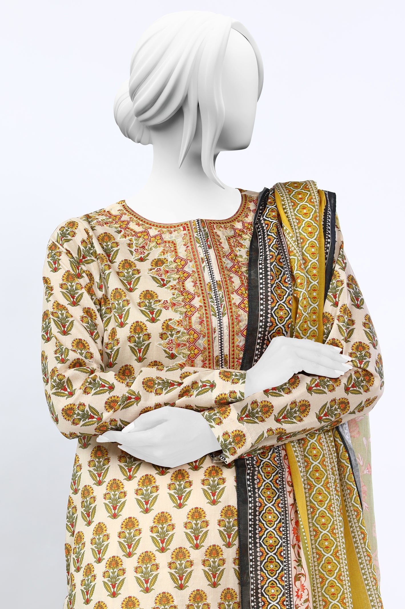 Unstitched 3 Piece Emb Printed Shirt, Printed Dupatta, Dyed Trouser - Diners