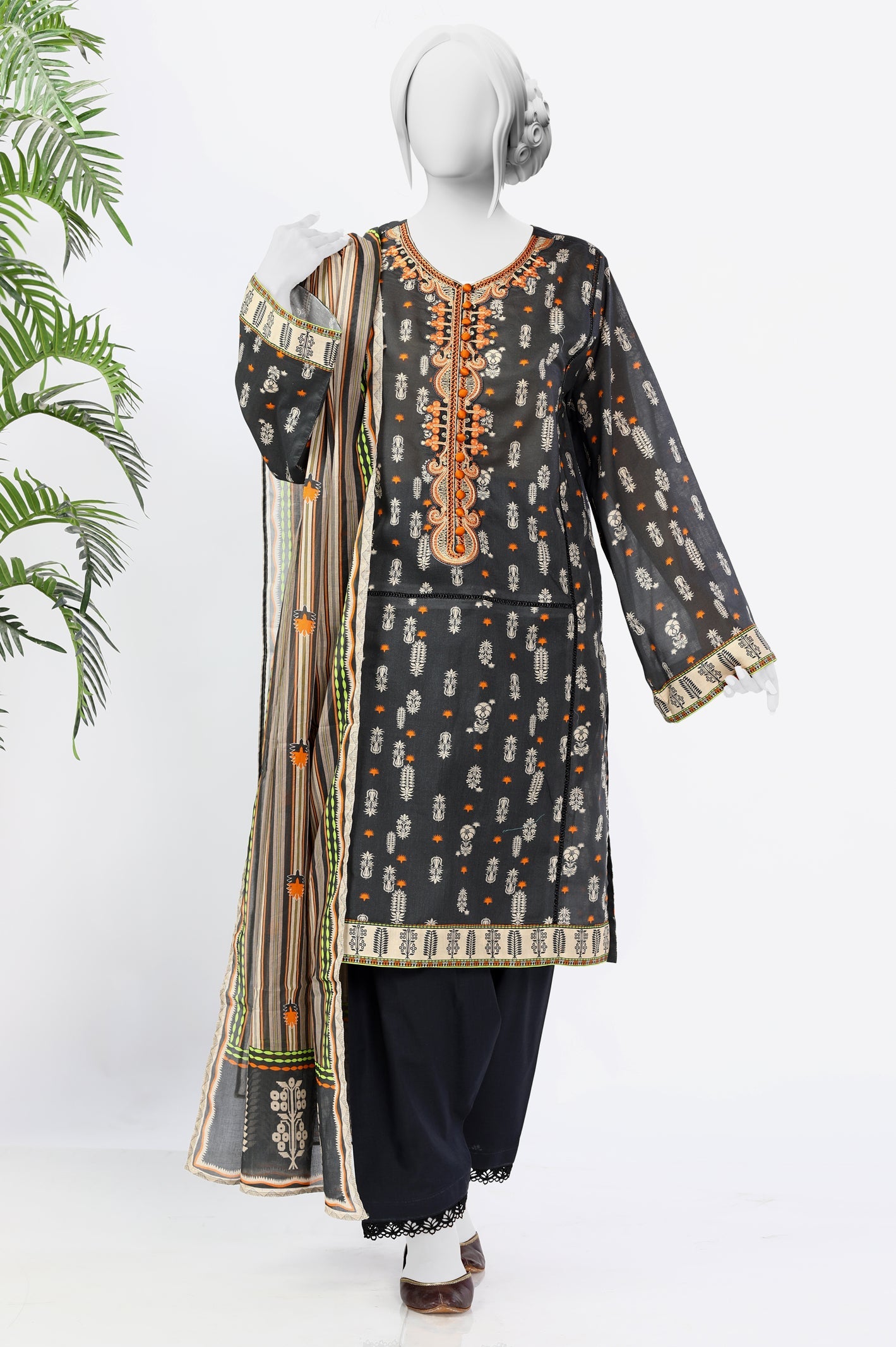 Unstitched 3 Piece Embroidered Printed Shirt, Printed Dupatta, Dyed Trouser - Diners