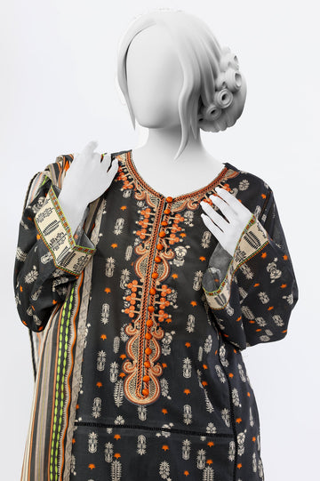 Unstitched 3 Piece Embroidered Printed Shirt, Printed Dupatta, Dyed Trouser - Diners