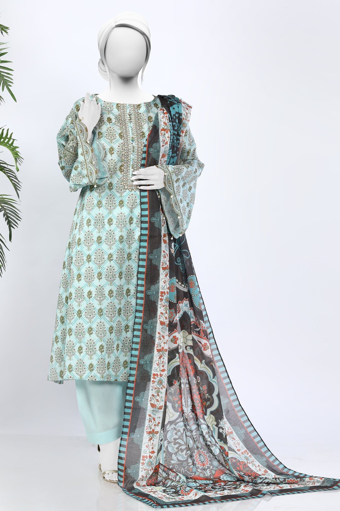 Unstitched 3 Piece Embroidered Printed Shirt, Printed Dupatta, Dyed Trouser - Diners