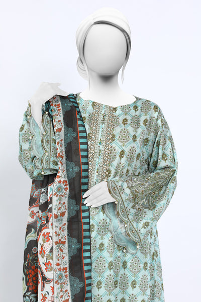 Unstitched 3 Piece Embroidered Printed Shirt, Printed Dupatta, Dyed Trouser - Diners