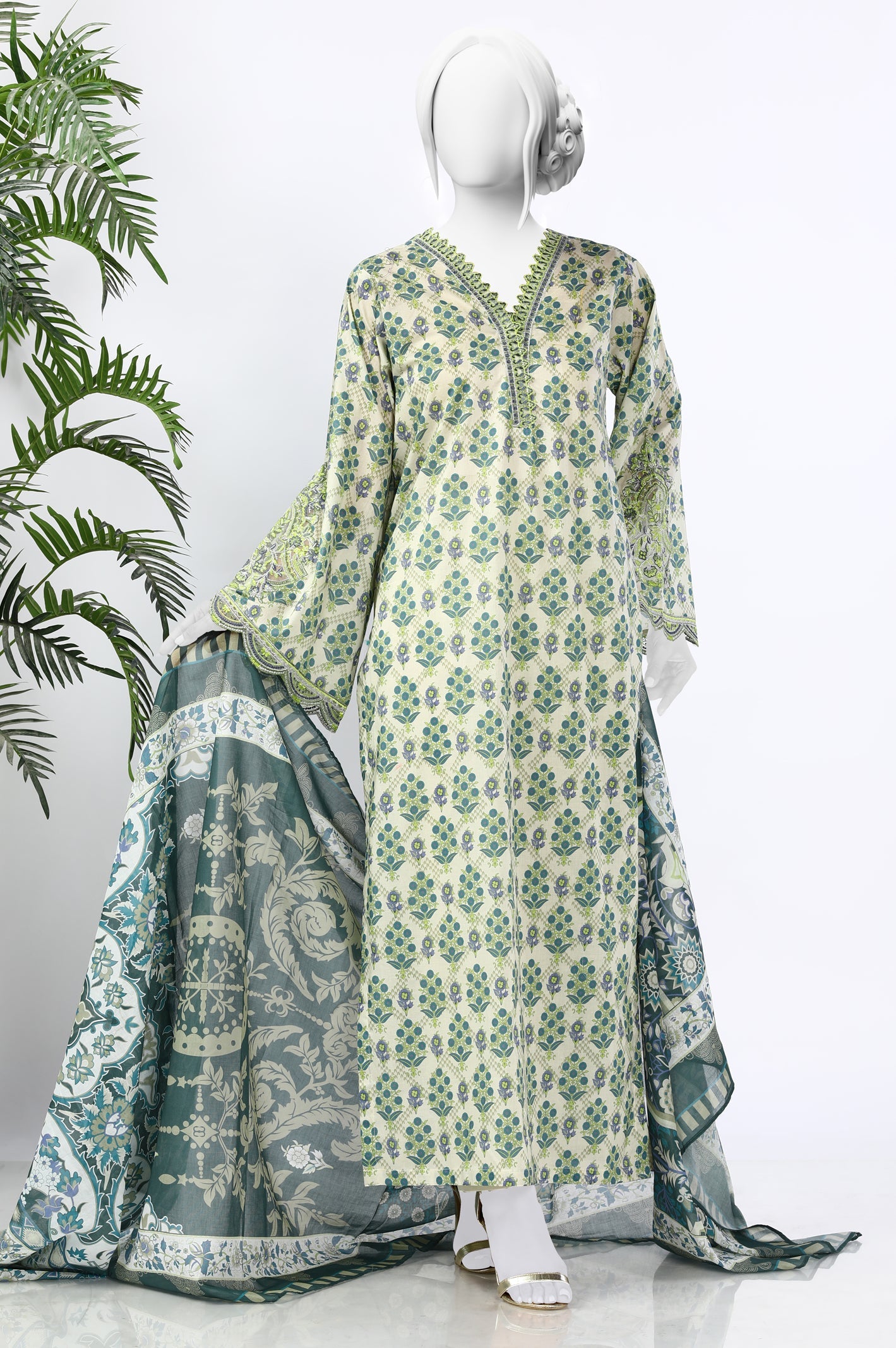 Unstitched 3 Piece Embroidered Printed Shirt, Printed Dupatta, Dyed Trouser - Diners
