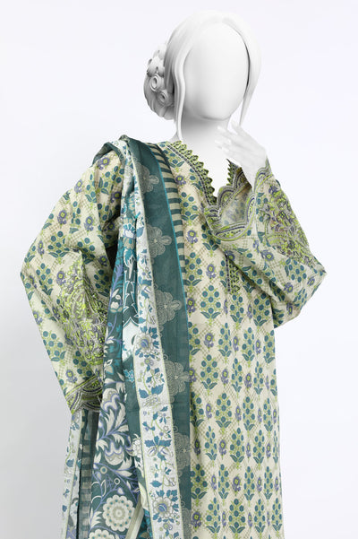 Unstitched 3 Piece Embroidered Printed Shirt, Printed Dupatta, Dyed Trouser - Diners