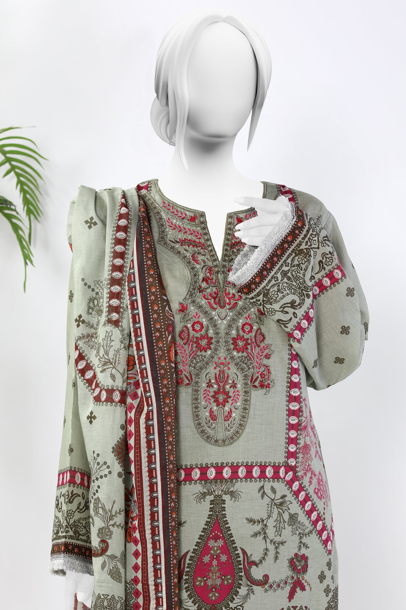 Unstitched 3 Piece Embroidered Digital Printed Shirt, Printed Dupatta, Dyed Trouser - Diners