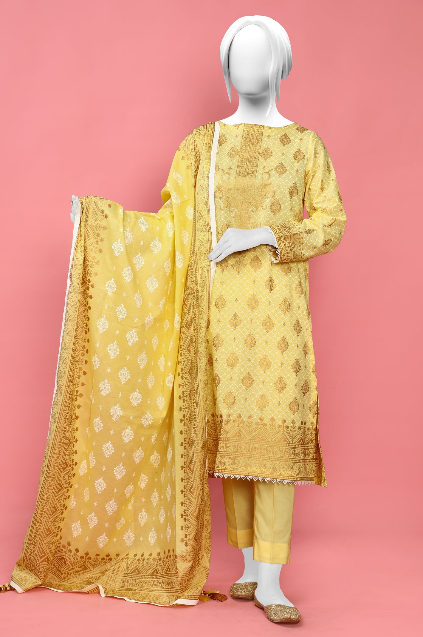 3PC Unstitched Gold Paste Printed Suit From Diners