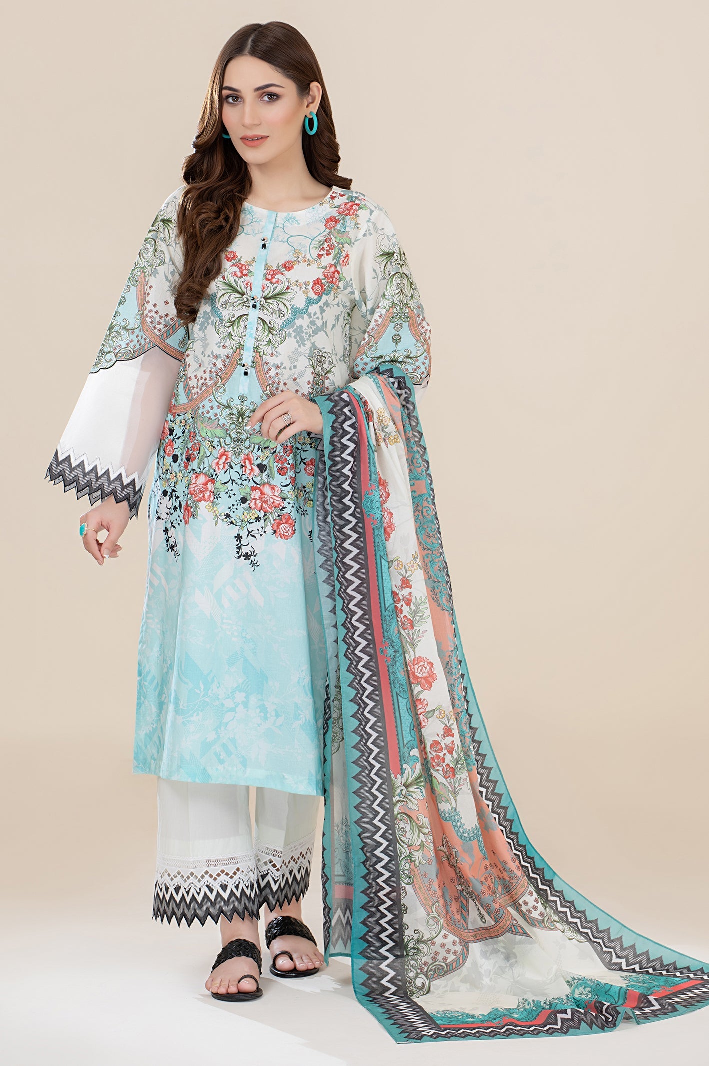 Unstitched 2 Piece Cambric Printed Shirt, Lawn Printed Dupatta - Diners