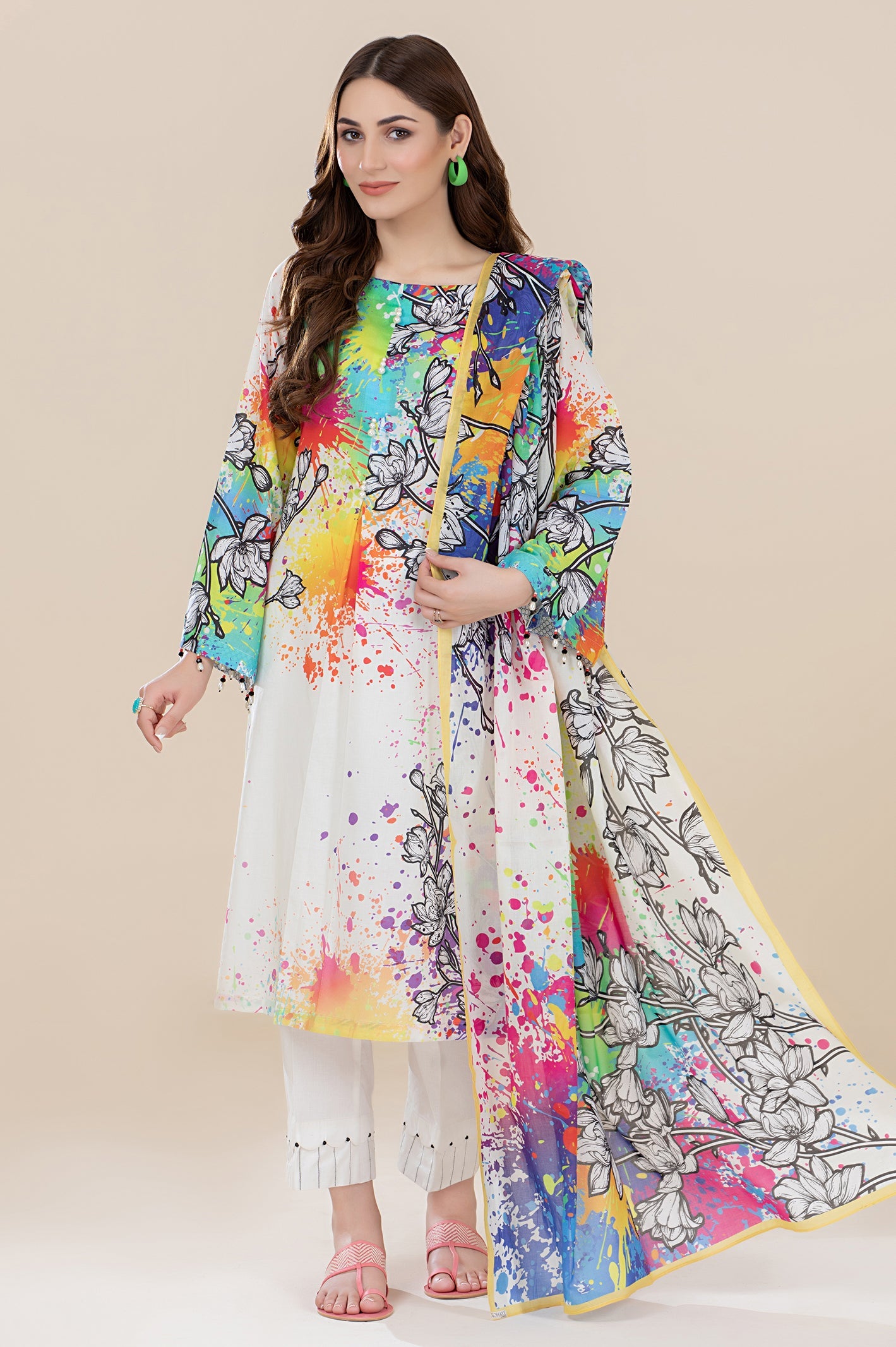 Unstitched 2 Piece Cambric Printed Shirt, Lawn Printed Dupatta - Diners